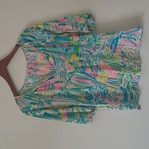 Lilly Pulitzer Linzy Top Sea Salt Sun Print Long Sleeve V-Neck Cotton Top